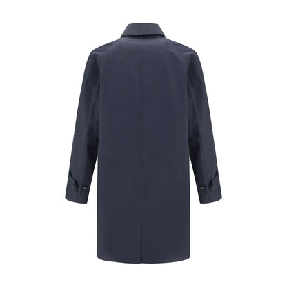 Back view of Burberry Blue Cotton Coat with button-tab cuffs, showcasing shower-resistant cotton gabardine fabric.