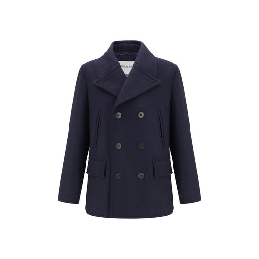 Burberry Blue Wool Coat, double-breasted with Burberry Check undercollar and Equestrian Knight buttons, featuring front jet and side flap pockets.