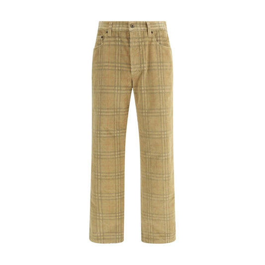 Burberry Brown Cotton Casual Pants with Archivio Check motif, velvet ribbed design, leather patch, and five-pocket style for AW25.