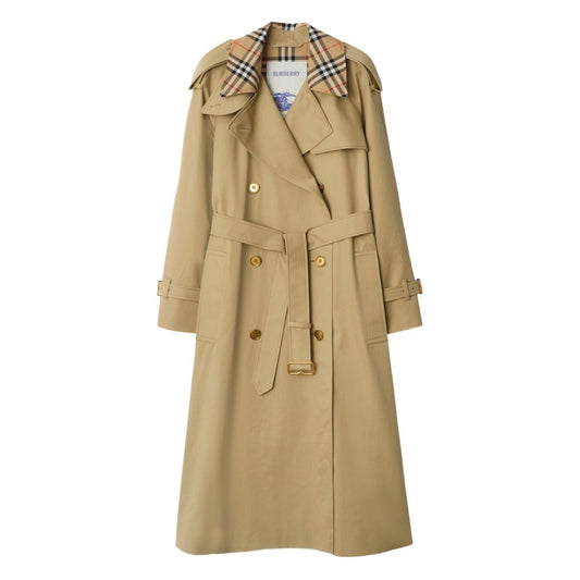 Burberry Castleford Medium Trench Coat with Check Collar in archive beige, featuring double-breasted design and notched lapels.