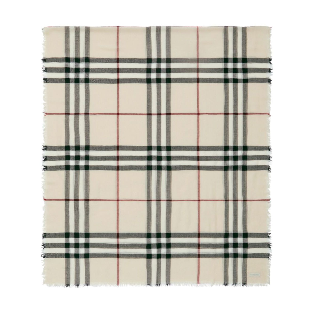Burberry Check wool scarf with beige, red, and black pattern, raw-cut edge, and logo tag shown flat. Size: 200x90 cm.