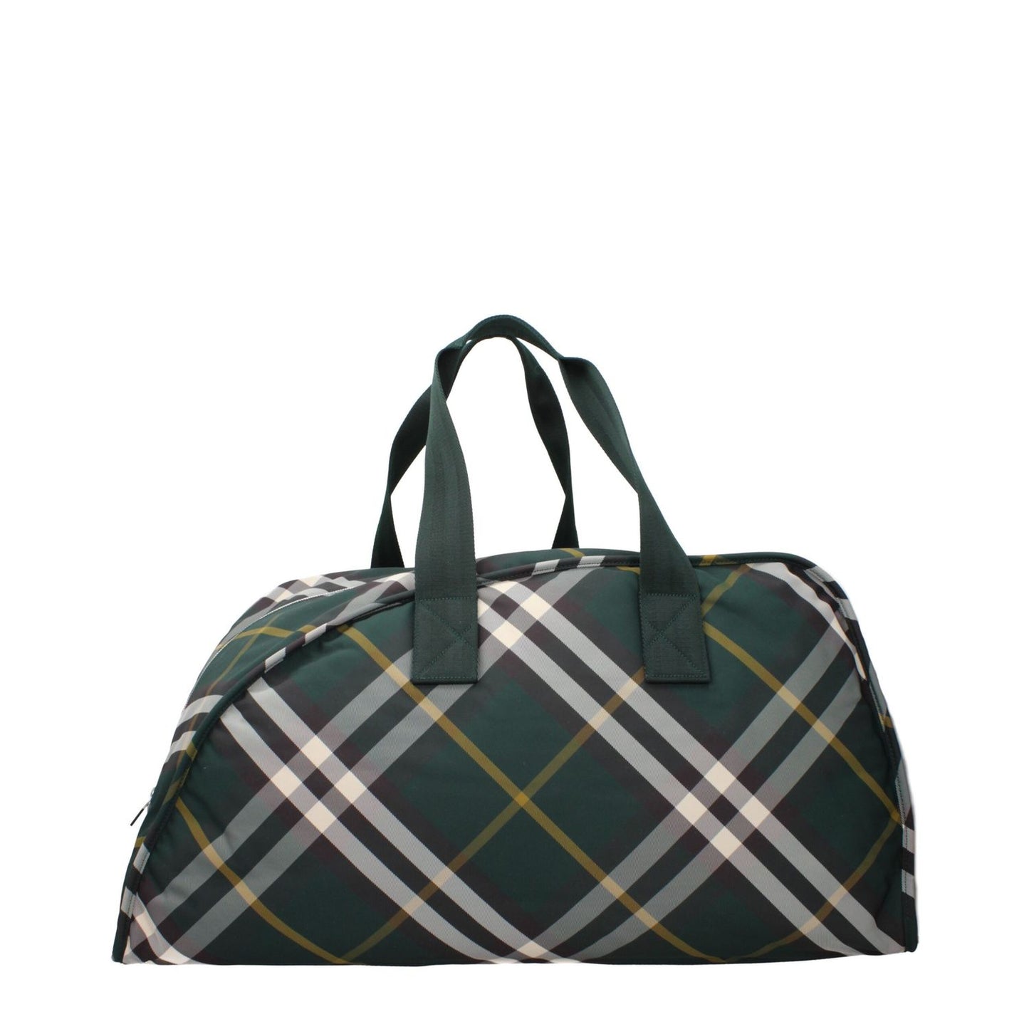 Burberry Green Fabric Luggage And Travel bag with silver details, maxi size, check print, zip closure, fabric material, casual style.