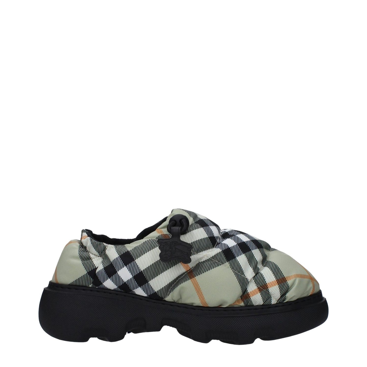 Burberry Green Fabric Slip-On Loafers with check print, rubber sole, mid heels, and drawstring closure. Casual style with round toe.