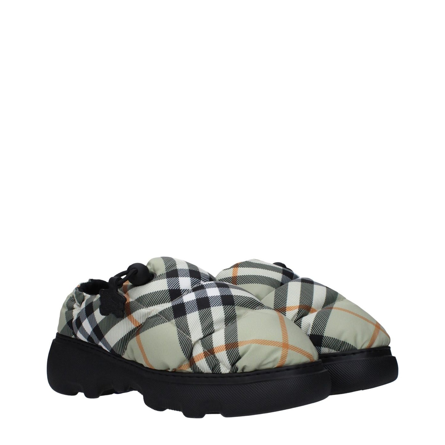 Burberry Green Fabric Slip-On Loafers with check print and rubber sole, casual style with drawstring closure and mid heels.