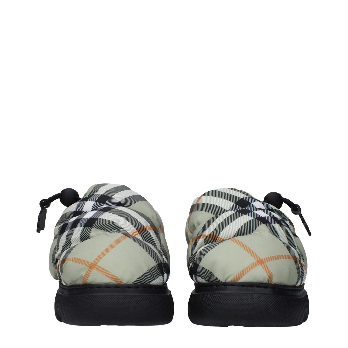 Rear view of Burberry Green Fabric Slip-On Loafers with check print, drawstring closure, and rubber sole, MPN 8094483, round toe design.