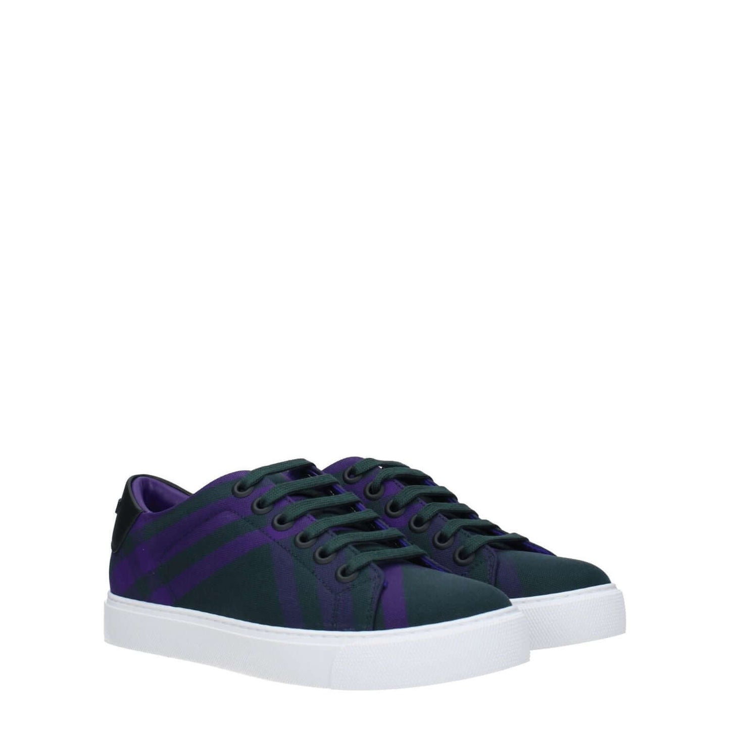 Burberry Green Fabric Sneakers with check design, lace-up closure, and rubber sole, featuring violet accents and back logo.