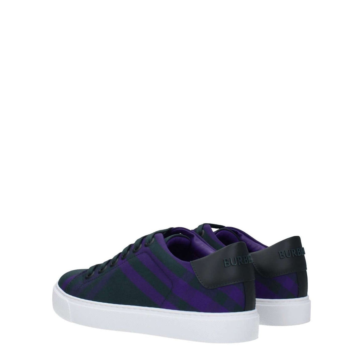 Burberry Green Fabric Sneakers with violet accents, lace-up closure, and rubber sole. Casual style with round toe and back logo. MPN 8075376.
