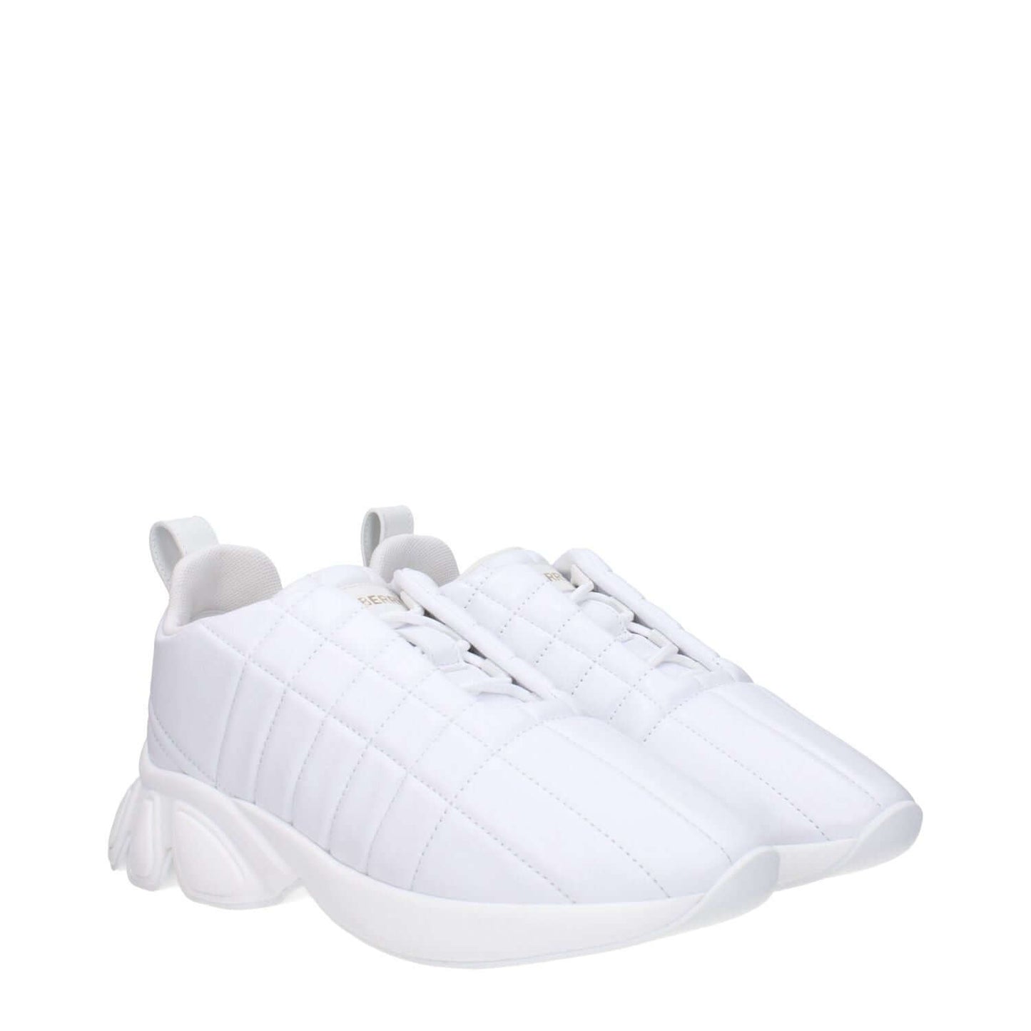 Burberry White Leather Sneakers with front and back logo, casual style, lace-up closure, rubber sole, round toe, mid heels.