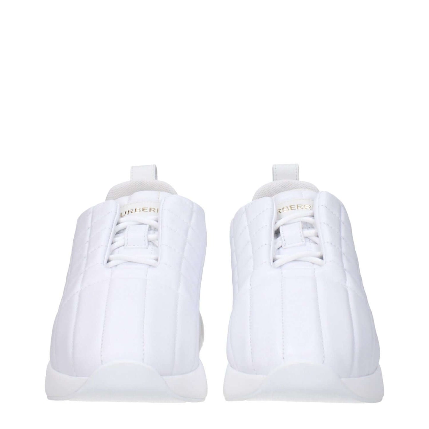 Burberry White Leather Sneakers with lace-up closure, front and back logos, rubber sole, round toe, mid heel; casual footwear.