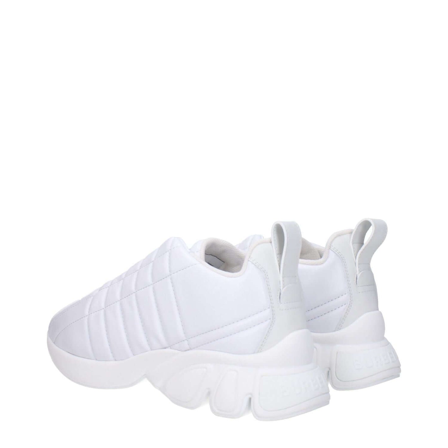 Burberry White Leather Sneakers with front and back logo, round toe, mid heels, 4 cm heel height, rubber sole, casual lace-up design.