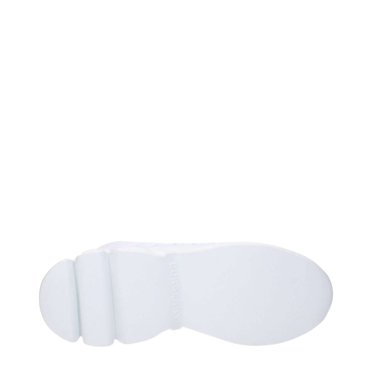 Sole view of Burberry White Leather Sneakers featuring durable rubber with brand imprint; round toe and casual style.