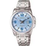 CASIO COLLECTION Mod. LADY DATE - LIGHT BLUE ladies wristwatch with stainless steel bracelet and 5 ATM water resistance, 34 mm case.
