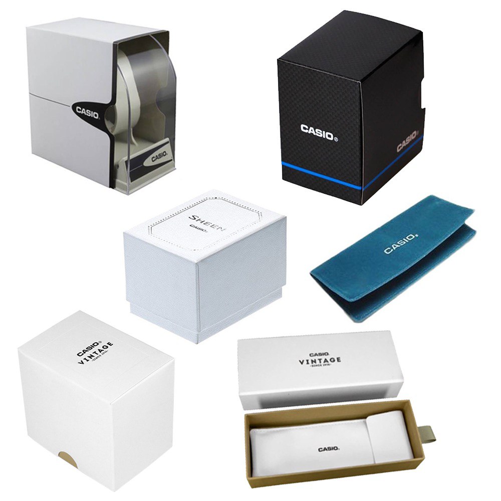 Assorted official Casio watch packaging boxes and cases