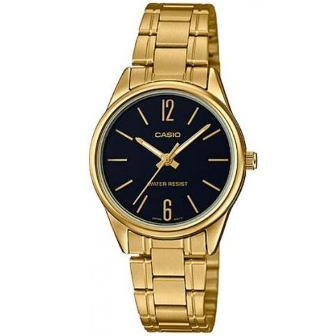 Alt Tag: CASIO COLLECTION Mod. ONLY TIME LADY GOLD SERIE - BLACK, water resistant 3 ATM, stainless steel gold wristwatch for ladies in official box.
