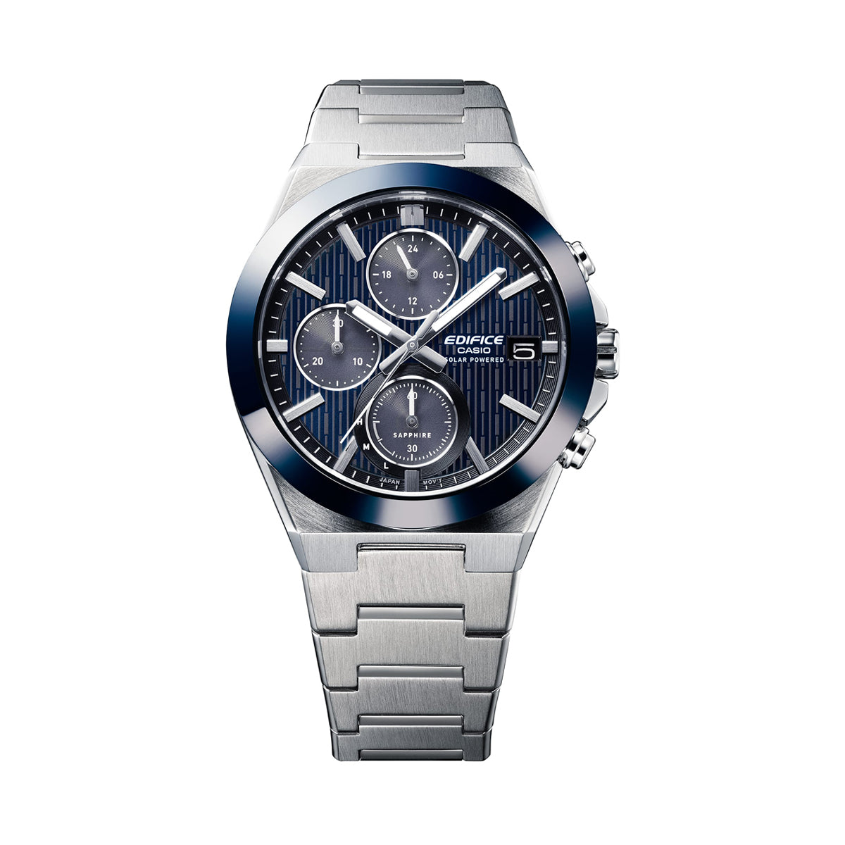 CASIO EDIFICE Mod. SOLAR POWERED CHRONOGRAPH - BLUE wristwatch with stainless steel bracelet, chronograph, and date display.