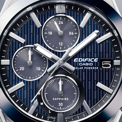 Close-up of CASIO EDIFICE Mod. SOLAR POWERED CHRONOGRAPH - BLUE watch face, featuring chronograph dials and date display.