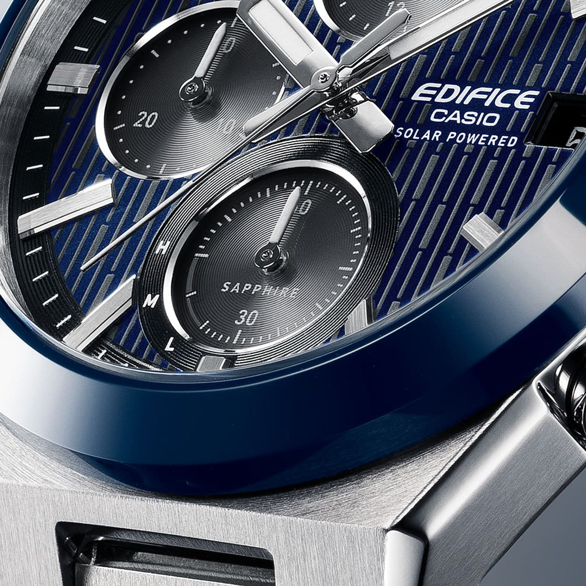 Close-up of CASIO EDIFICE Mod. SOLAR POWERED CHRONOGRAPH - BLUE watch showing its chronograph dial and stainless steel case.