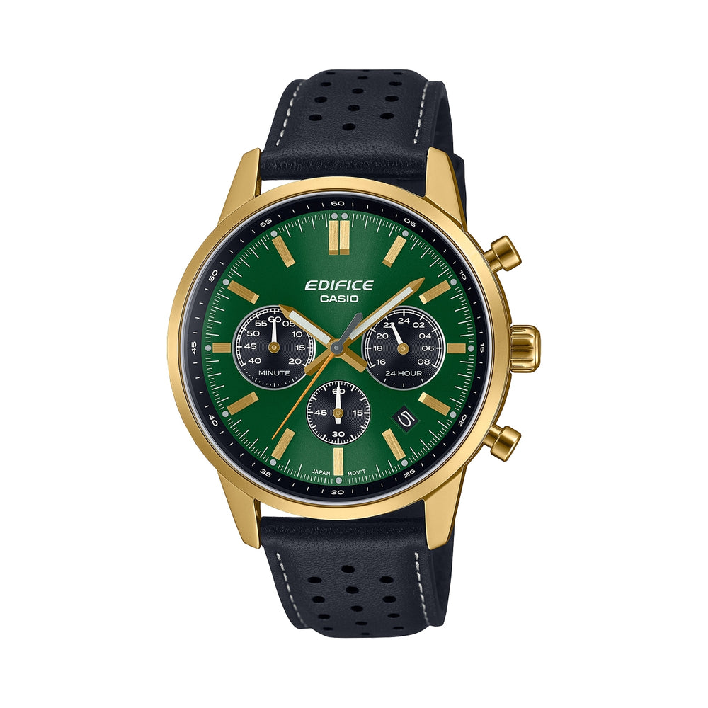 CASIO EDIFICE Mod. STANDARD CHRONOGRAPH GOLD - GREEN wristwatch, 40.5mm gold IP case, green dial, leather strap, quartz movement, 10 ATM resistant