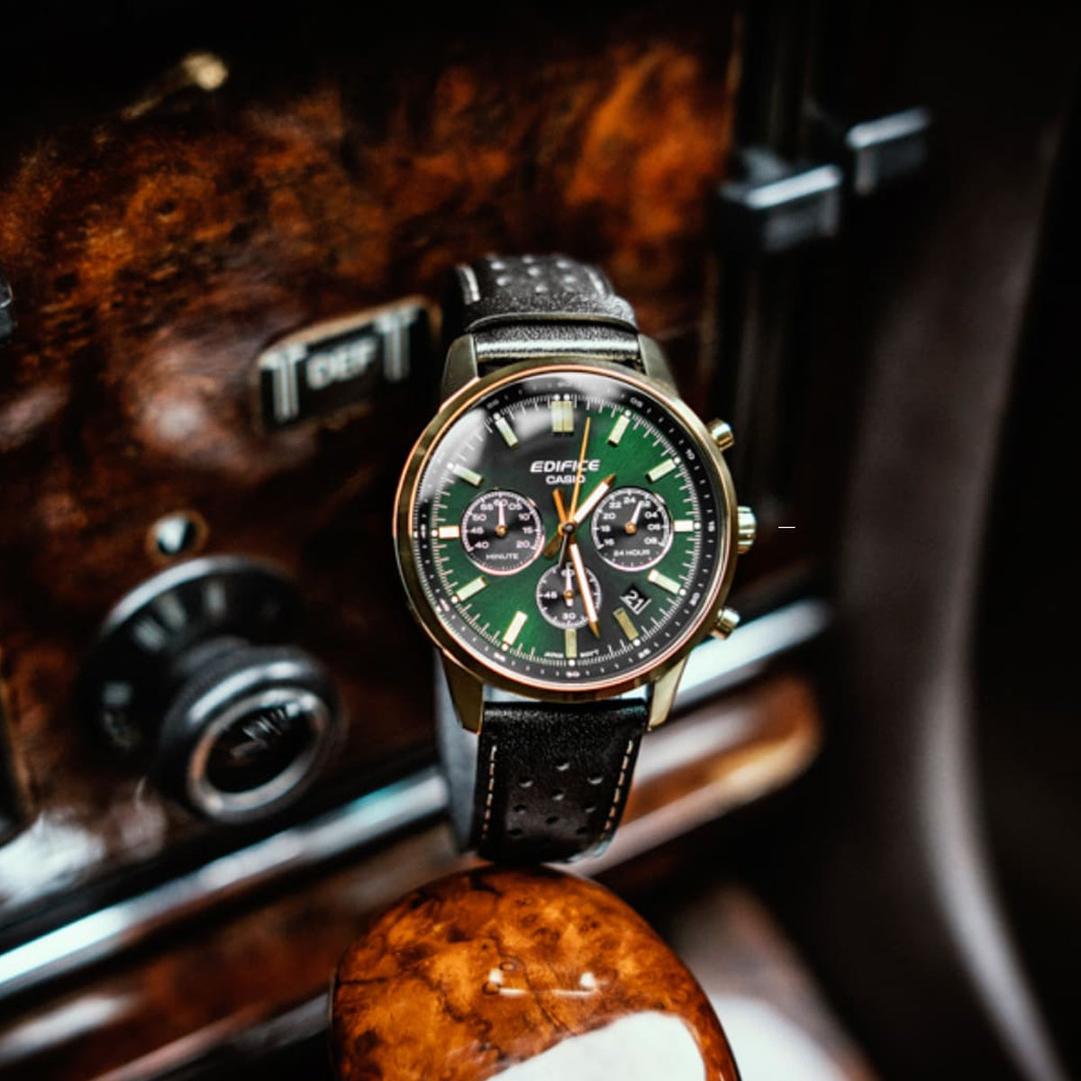 CASIO EDIFICE Mod. STANDARD CHRONOGRAPH GOLD - GREEN wristwatch with black leather strap, quartz movement, and chronograph function on display.