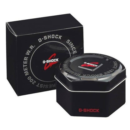Official packaging of CASIO G-SHOCK MASTER OF G Mod. THE ORIGIN FUL METAL watch showcasing resistant features.
