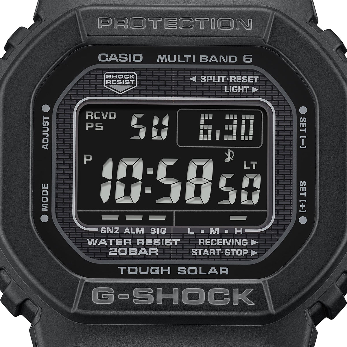Close-up of CASIO G-SHOCK Mod. THE NEW ORIGIN Multiband 6 - TOUGH SOLAR - FULL BLACK watch face, showing digital display and resin case.