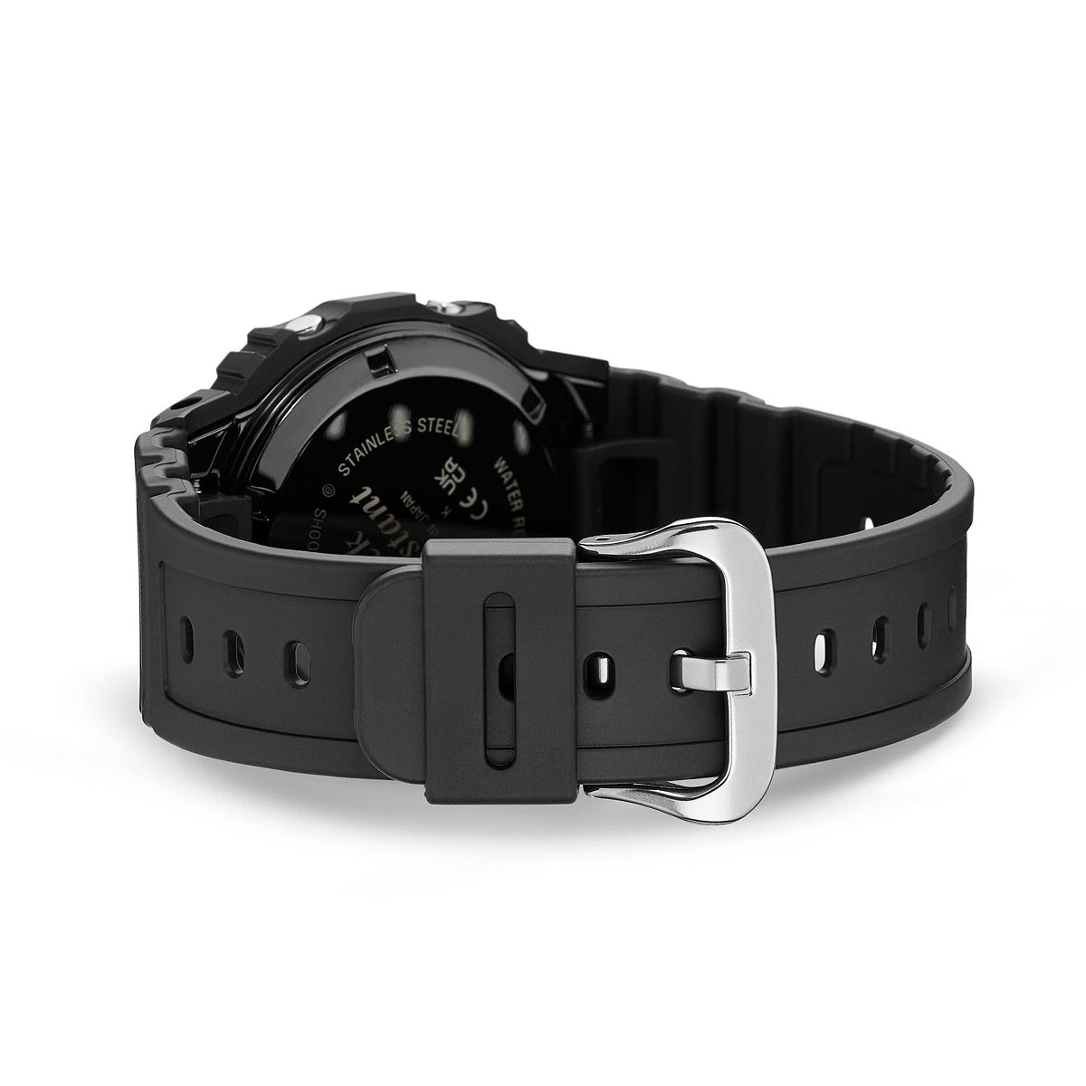 Back view of CASIO G-SHOCK Mod. THE NEW ORIGIN Multiband 6 - TOUGH SOLAR - FULL BLACK wristwatch with resin strap and stainless steel case.