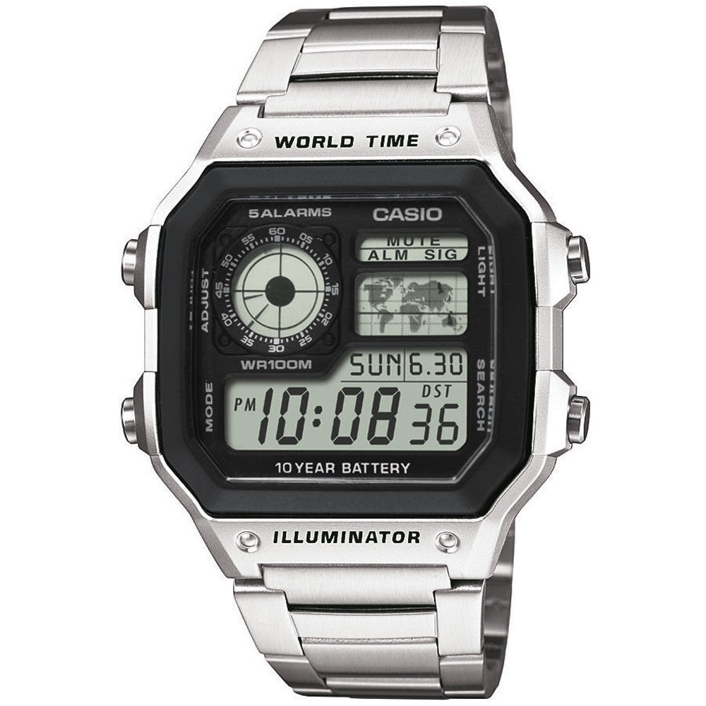 CASIO SPORT Mod. DIVER - WORLD TIME ILLUMINATOR 5 ALARMS - FUTURE CLASSIC COLLECTION - SILVER STEEL wristwatch, metal strap, dual time display.