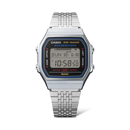 CASIO VINTAGE Mod. SILVER -BLUETOOTH® SMARTPHONE LINK w. built-in accelerometer senses body movements + steps counter ABL-100WE-1AEF
