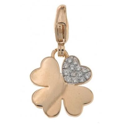 Gold charm with clover and heart design, CHARMS RUE DES MILLE MOD. CNZ-007 QUAD, featuring embedded crystals.