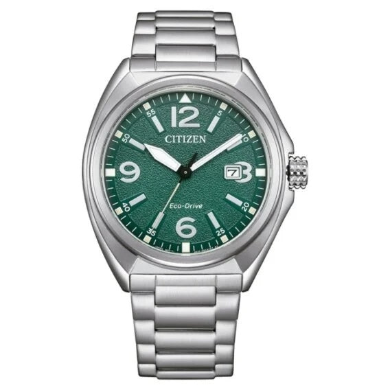 CITIZEN MOD. URBAN wristwatch with green dial and silver strap, featuring Eco-Drive technology.