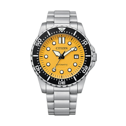 CITIZEN WATCHES Mod. NJ0170-83Z, stainless steel automatic wristwatch with a yellow dial, mineral sub dial, and date display.