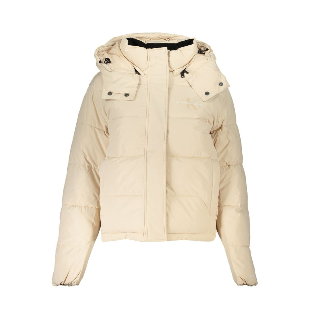 Calvin Klein Beige Polyester Women Jacket with hood, front view for stylish athleisure wear