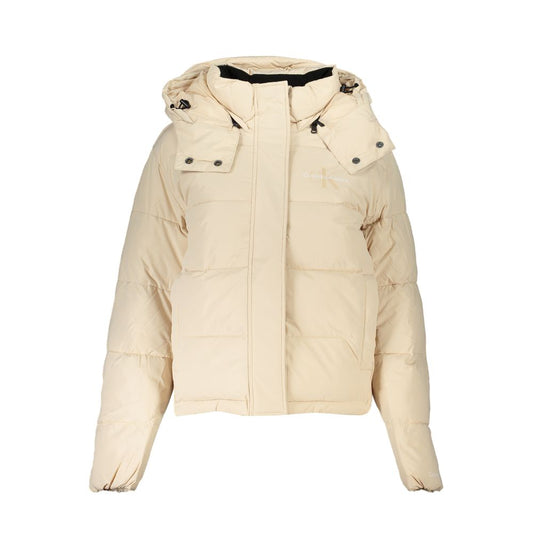 Calvin Klein Beige Polyester Women Jacket with hood, front view for stylish athleisure wear