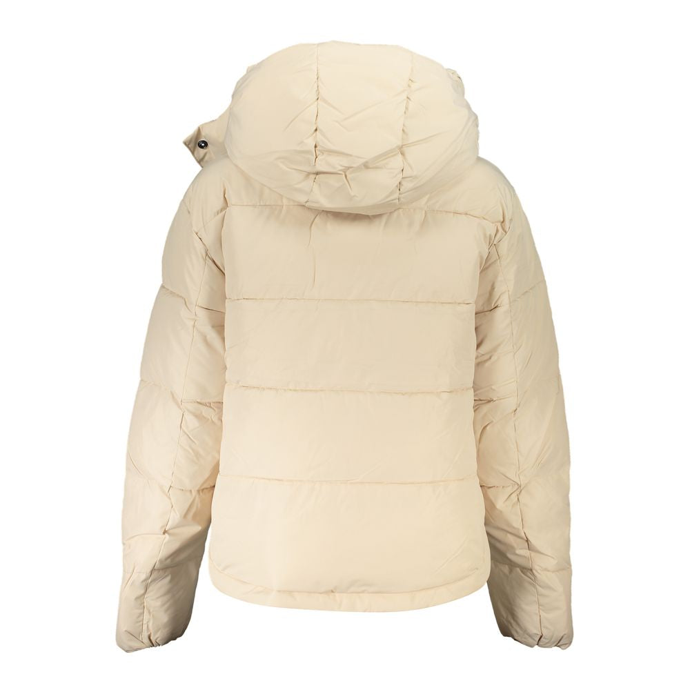 Back view of Calvin Klein Beige Polyester Women Jacket with hood, showcasing quilted design and luxury athleisure style.
