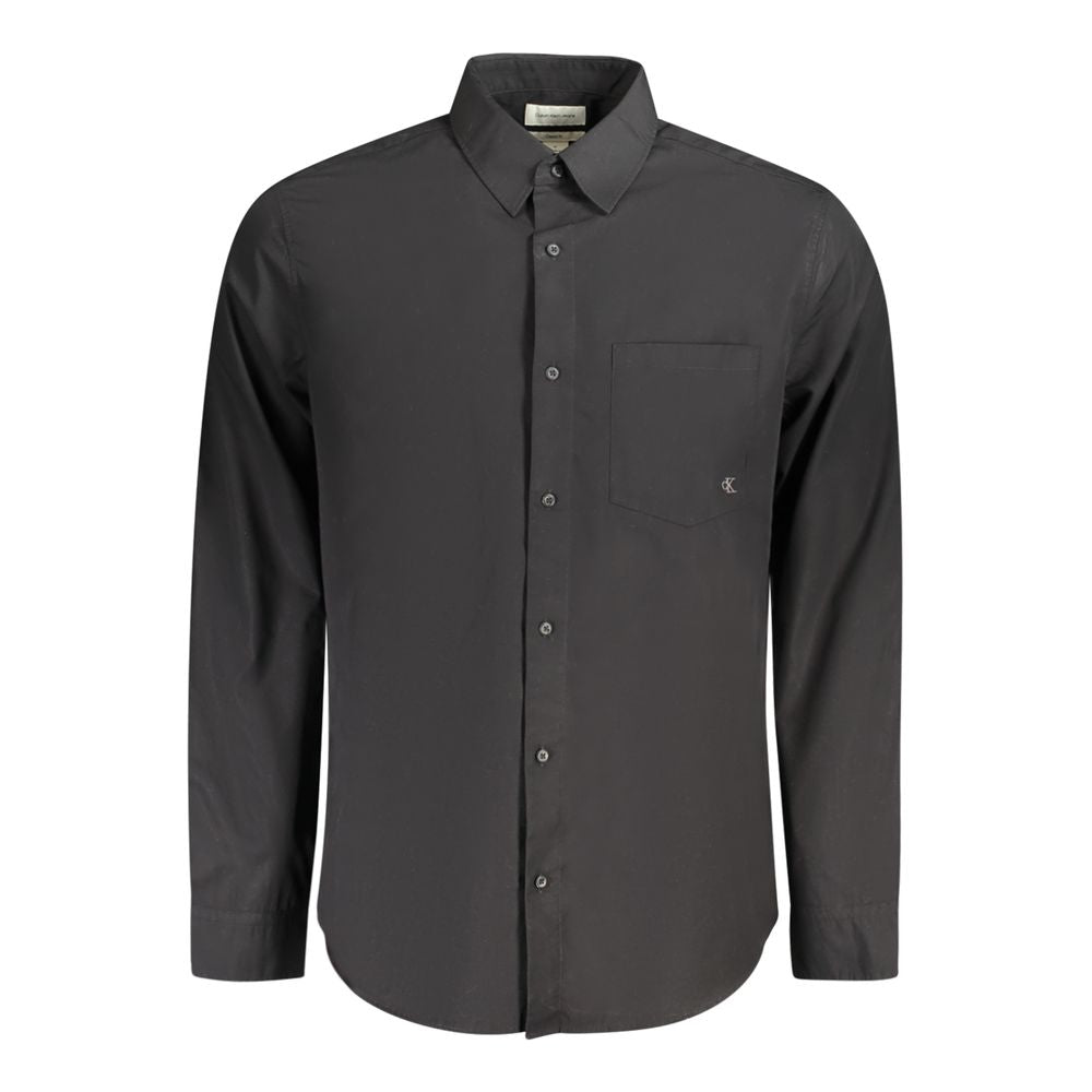 Calvin Klein Black Cotton Shirt with long sleeves, Italian collar, 2 button cuffs, 1 pocket, embroidered logo, organic cotton