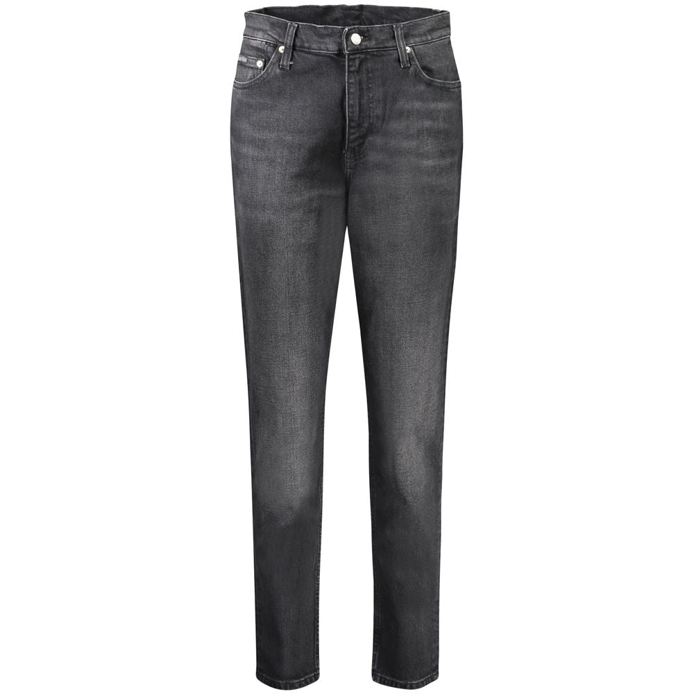 Calvin Klein Black Cotton Women Jeans with classic mom fit and iconic logo, featuring 5-pocket design and button-zip closure.