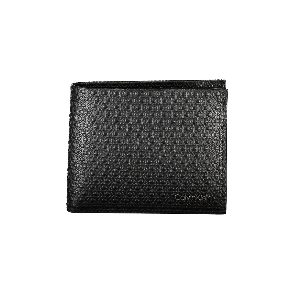 Calvin Klein Black Leather Wallet with 2 compartments, card spaces, RFID block, contrast details, logo.