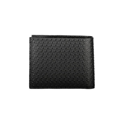 Calvin Klein Black Leather Wallet with RFID block, 2 compartments, card spaces, contrast details, and logo.