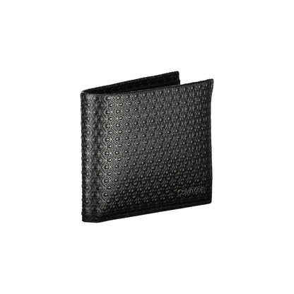 Calvin Klein Black Leather Wallet with RFID block, 2 compartments, card spaces, contrast details, and logo.