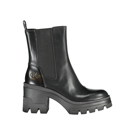 Calvin Klein Black Leather Women Boot with 8 cm heel and striking design, featuring iconic CK logo for chic elegance.