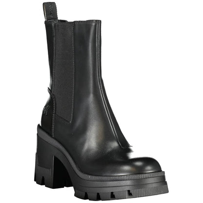 Calvin Klein Black Leather Women Boot with 8 cm heel and signature logo detailing.