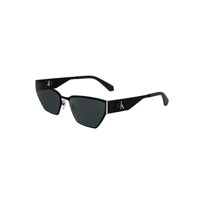 Calvin Klein Black Metal Women Sunglasses with cat-eye design and smoke lenses, featuring signature logo, offering a chic and trendy look.