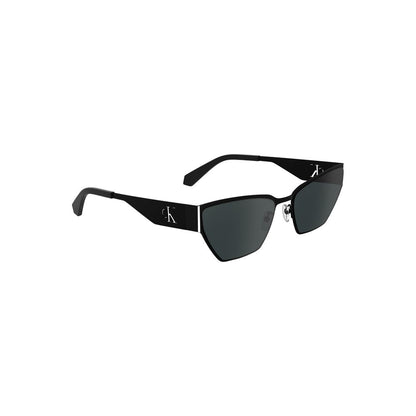Calvin Klein Black Metal Women Sunglasses with sleek cat-eye frame and smoke lenses.