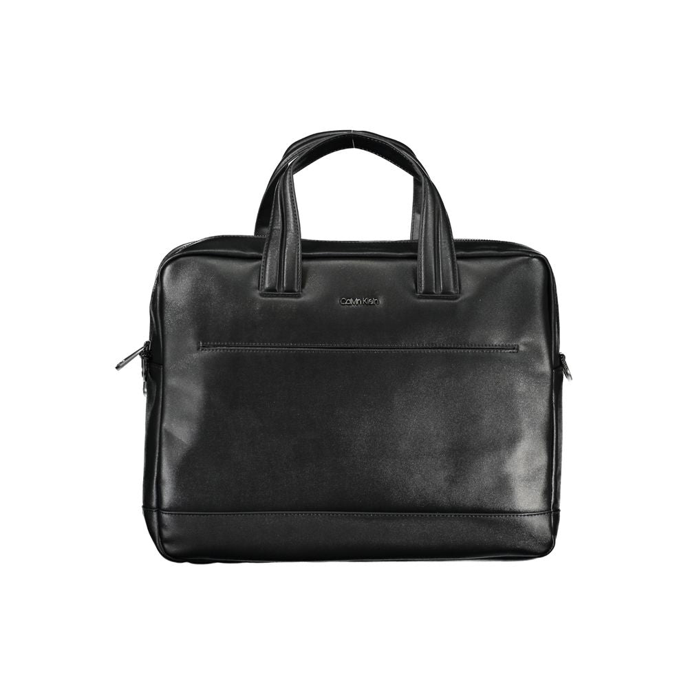 Calvin Klein Black Polyester Accessory briefcase with handles, adjustable strap, laptop compartment, contrasting details, and logo.