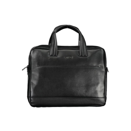 Calvin Klein Black Polyester Accessory briefcase with handles, adjustable strap, laptop compartment, contrasting details, and logo.