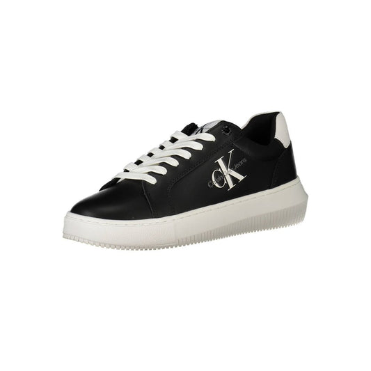 Calvin Klein Black Polyester Women Sneaker with white sole and iconic logo, sustainable design with 50% recycled material.