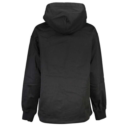 Back view of Calvin Klein Black Polyester Women Sweater with hood, featuring recycled material composition and stylish design.