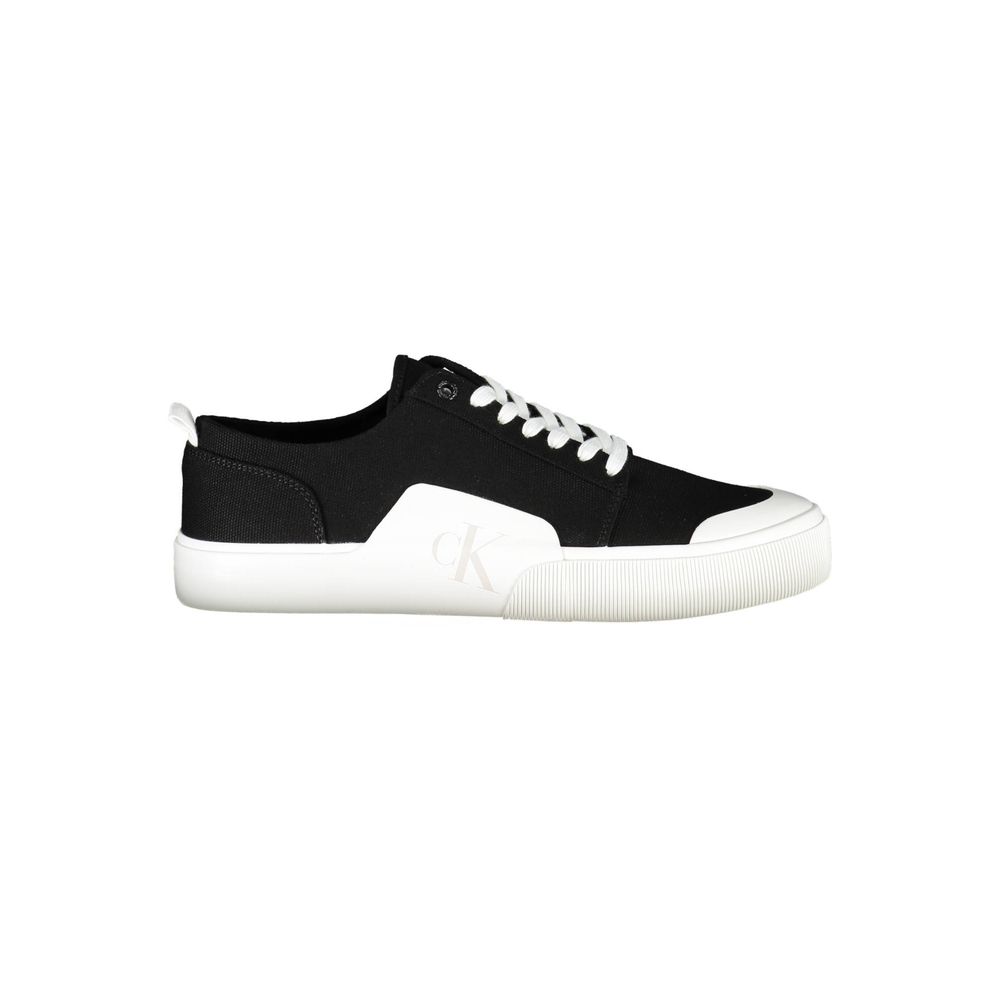 Calvin Klein Black Recycled Material Men Sneaker side view with white accents and logo detail, eco-friendly design.