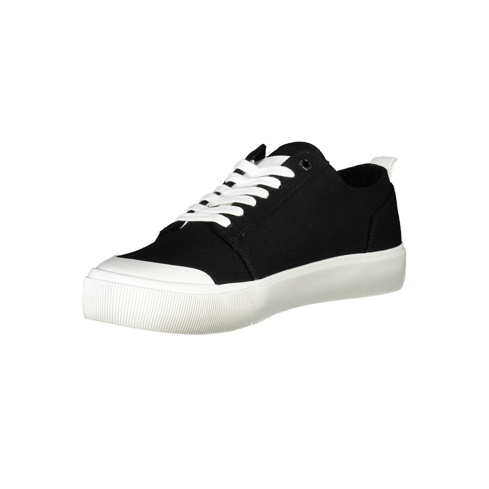 Calvin Klein Black Recycled Material Men Sneaker in bold black with white accents, made from 50% recycled materials for a stylish, sustainable look.