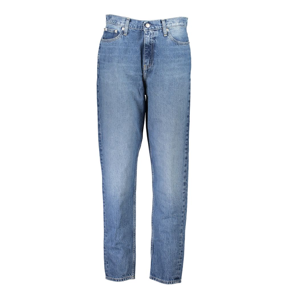 Calvin Klein Blue Cotton Women Jean with classic five-pocket and vintage washed effect, displaying high-fashion logo on waist.